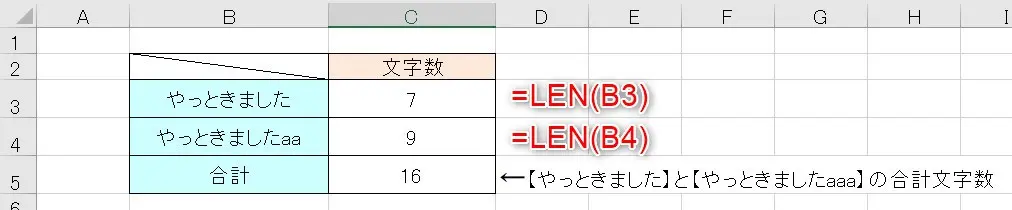 エクセルで文字数をカウントする。複数セルでもOK